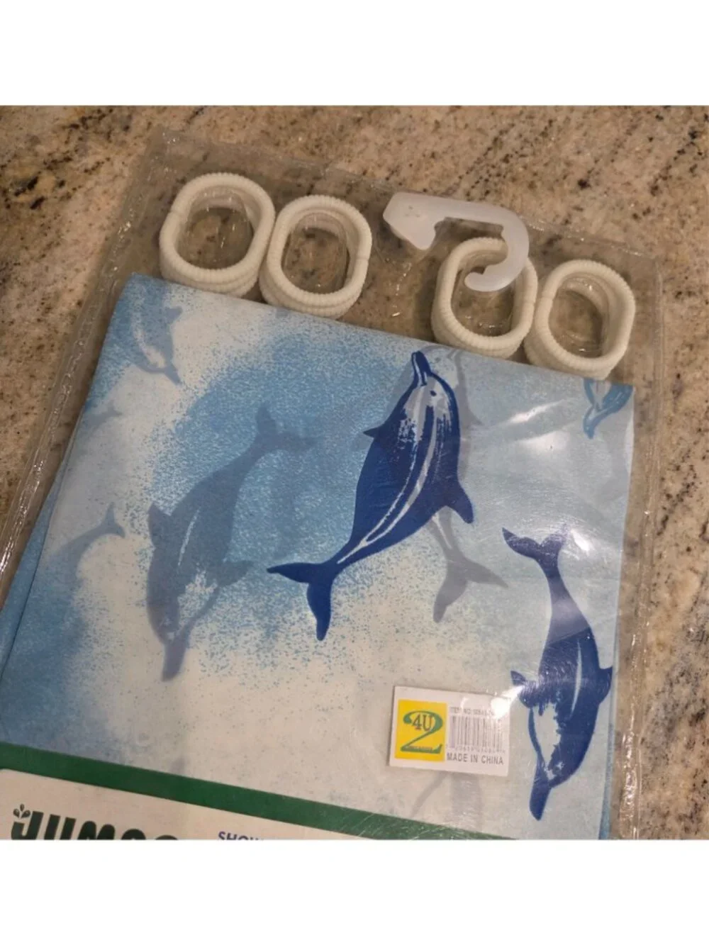 New! Lot of 2 Dolphin Shower Curtains w Hooks Blue Plastic Jumbo 72x72